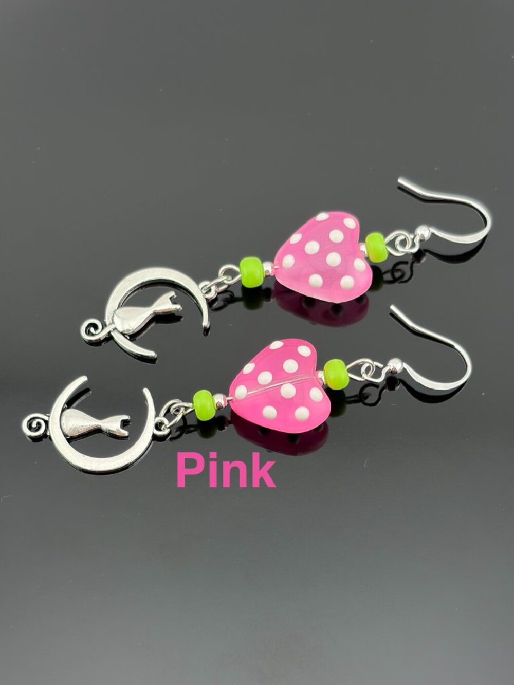 Cat On Moon Polka Dot PINK Heart Glass Bead Handmade Earrings LR242
